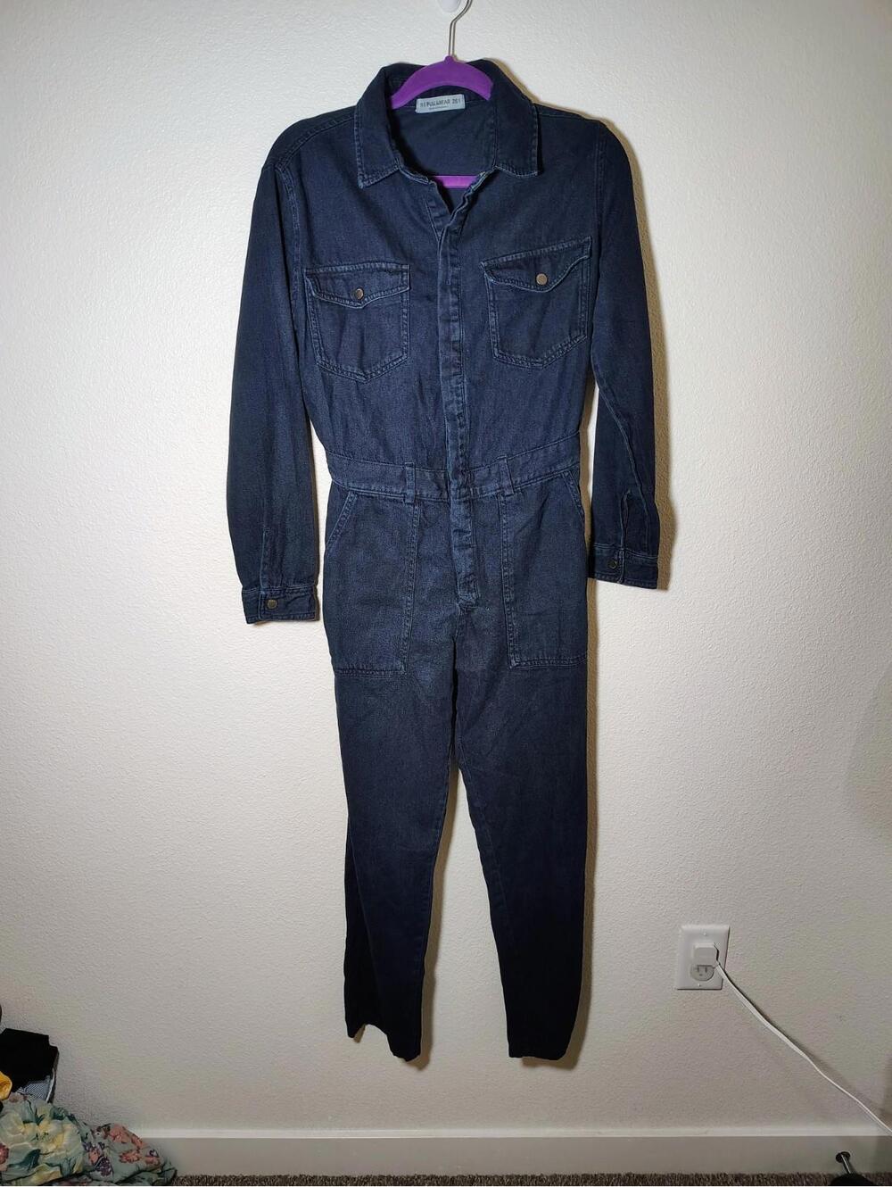 Women Denim Jean Romper Jumpsuit  Pull Bear Long Sleve 100 Cotton Dark Pantsuit - Picture 2 of 9